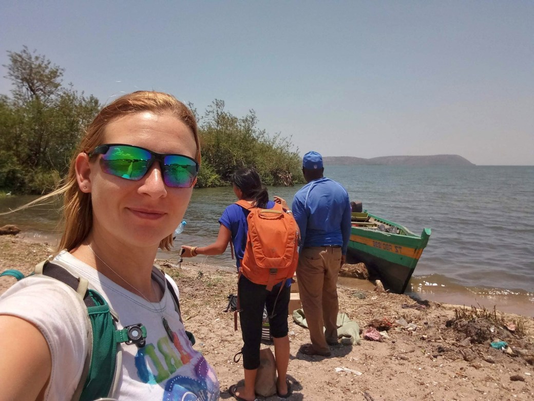 Jodie and I at the shore of Lake Victoria ready to head to the island